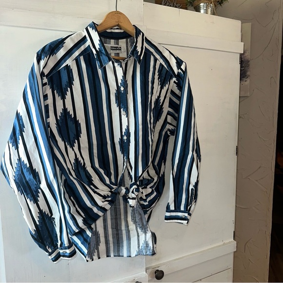 Vintage Panhandle Slim Blue and White Striped Aztec Button Up Down Shirt - Picture 2 of 8